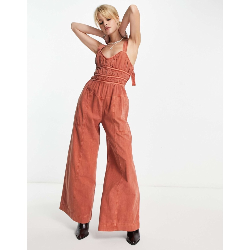 Free People Wide Leg Womens Small After All Ruched Jumpsuit Rust Smocked Boho